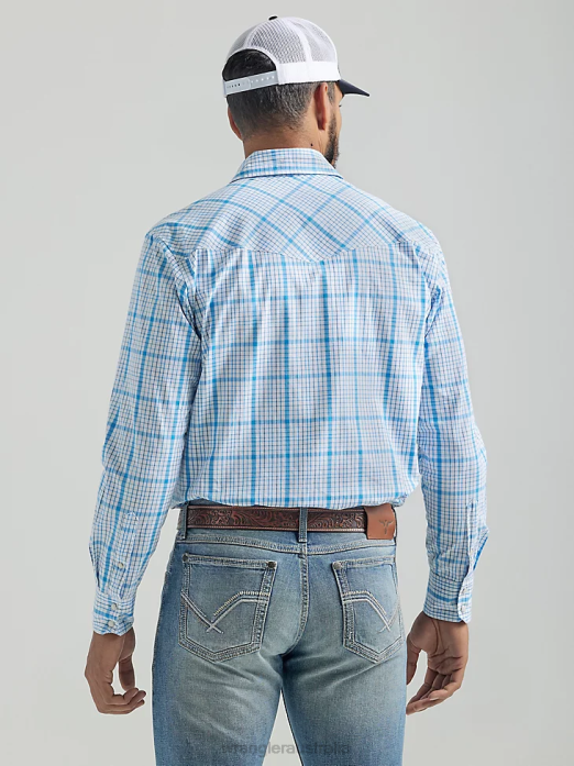 20X Competition Advanced Comfort Long Sleeve Two Pocket Western Snap Plaid Shirt Men Wrangler RHXV491 Clothing Baby Blue (112324829)