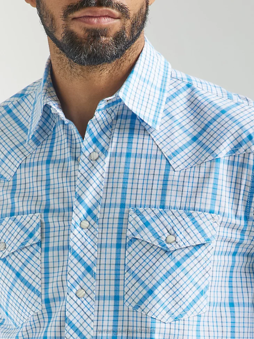 20X Competition Advanced Comfort Long Sleeve Two Pocket Western Snap Plaid Shirt Men Wrangler RHXV491 Clothing Baby Blue (112324829)