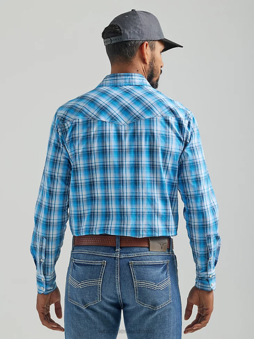 20X Competition Advanced Comfort Long Sleeve Two Pocket Western Snap Plaid Shirt Men Wrangler RHXV493 Clothing Azul (112324832)