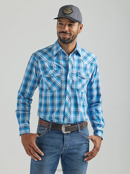 20X Competition Advanced Comfort Long Sleeve Two Pocket Western Snap Plaid Shirt Men Wrangler RHXV493 Clothing Azul (112324832)