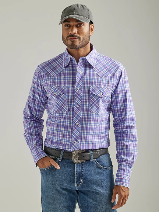 20X Competition Advanced Comfort Long Sleeve Two Pocket Western Snap Plaid Shirt Men Wrangler RHXV496 Clothing Purple Grape Check (112327809)