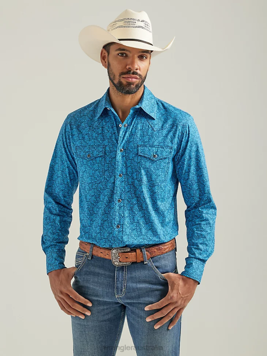 20X Competition Advanced Comfort Long Sleeve Western Snap Print Shirt Blue Men Wrangler RHXV485 Clothing Azul (112324831)