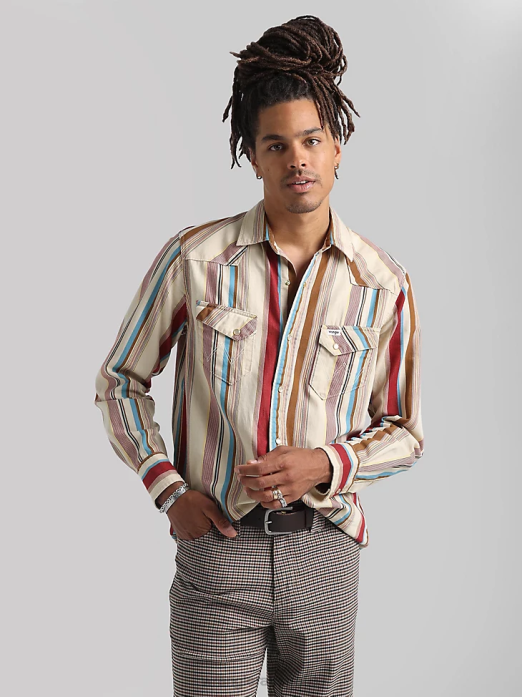 20X Competition Advanced Comfort Long Sleeve Western Snap Print Shirt Men Wrangler RHXV481 Clothing Azul Blue (112324833)