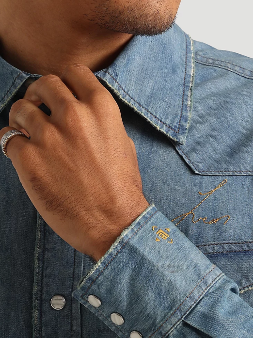 20X Competition Advanced Comfort Long Sleeve Western Snap Print Shirt Men Wrangler RHXV481 Clothing Azul Blue (112324833)