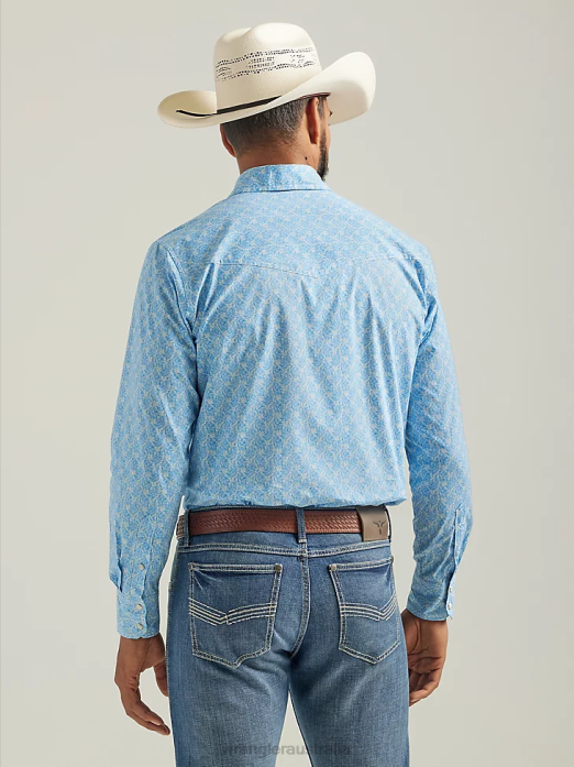 20X Competition Advanced Comfort Long Sleeve Western Snap Print Shirt Men Wrangler RHXV481 Clothing Azul Blue (112324833)