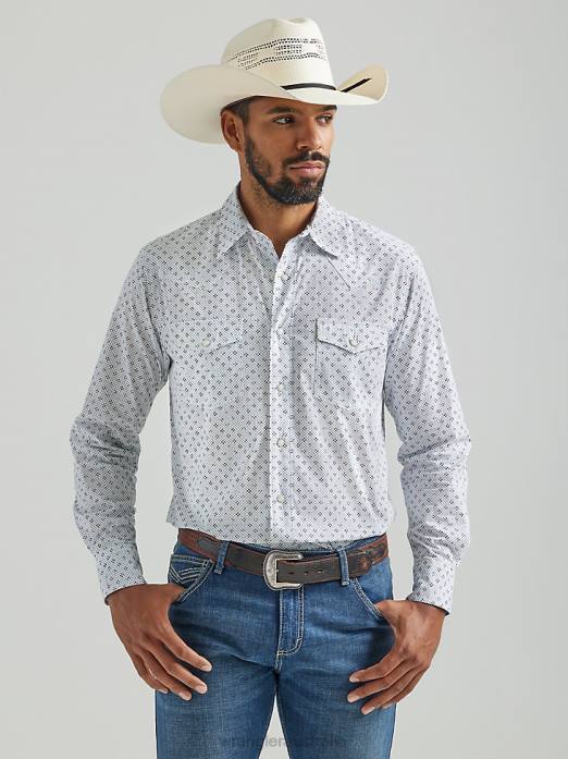 20X Competition Advanced Comfort Long Sleeve Western Snap Print Shirt Men Wrangler RHXV482 Clothing White Blue (112324830)