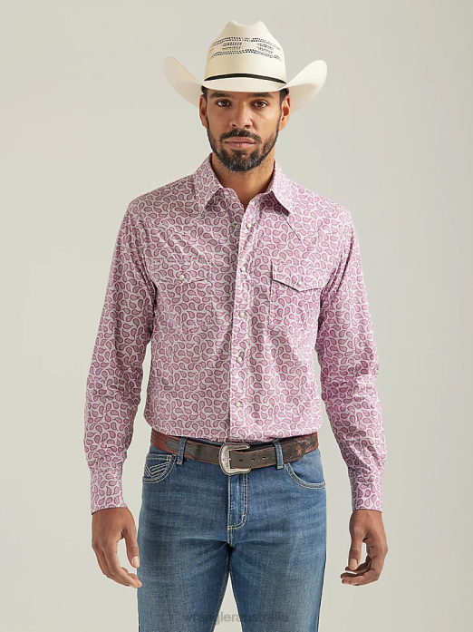 20X Competition Advanced Comfort Long Sleeve Western Snap Print Shirt Men Wrangler RHXV486 Clothing Pink Paisley (112324838)