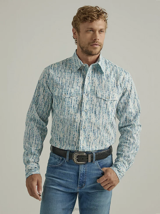 20X Competition Advanced Comfort Long Sleeve Western Snap Print Shirt Men Wrangler RHXV490 Clothing Rainy Blue (112327797)