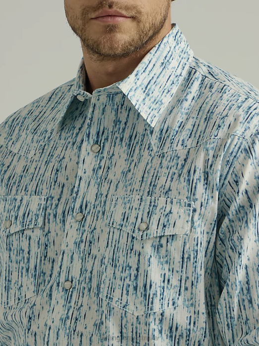 20X Competition Advanced Comfort Long Sleeve Western Snap Print Shirt Men Wrangler RHXV490 Clothing Rainy Blue (112327797)