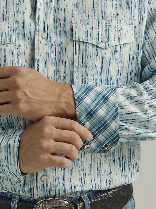 20X Competition Advanced Comfort Long Sleeve Western Snap Print Shirt Men Wrangler RHXV490 Clothing Rainy Blue (112327797)