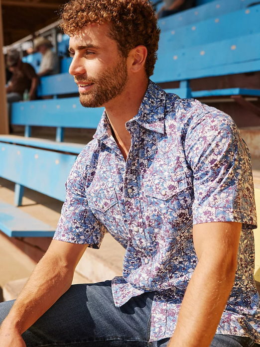 20X Competition Advanced Comfort Short Sleeve Western Snap Print Shirt Men Wrangler RHXV504 Clothing Watercolor Violet (112327810)