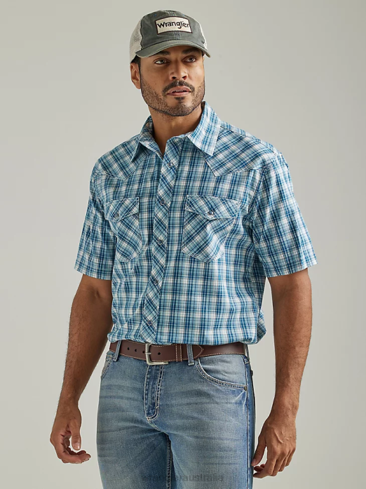 20X Competition Advanced Comfort Short Sleeve Western Snap Two Pocket Plaid Shirt Men Wrangler RHXV453 Clothing Pacific Check (112327806)