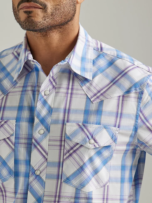 20X Competition Advanced Comfort Short Sleeve Western Snap Two Pocket Plaid Shirt Men Wrangler RHXV454 Clothing Iris Purple (112327811)