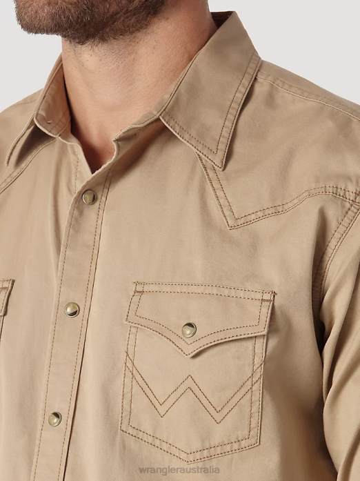 Contrast Trim Western Two Snap Flap Pocket Shirt Men Wrangler RHXV437 Clothing Tan (MVR502T)