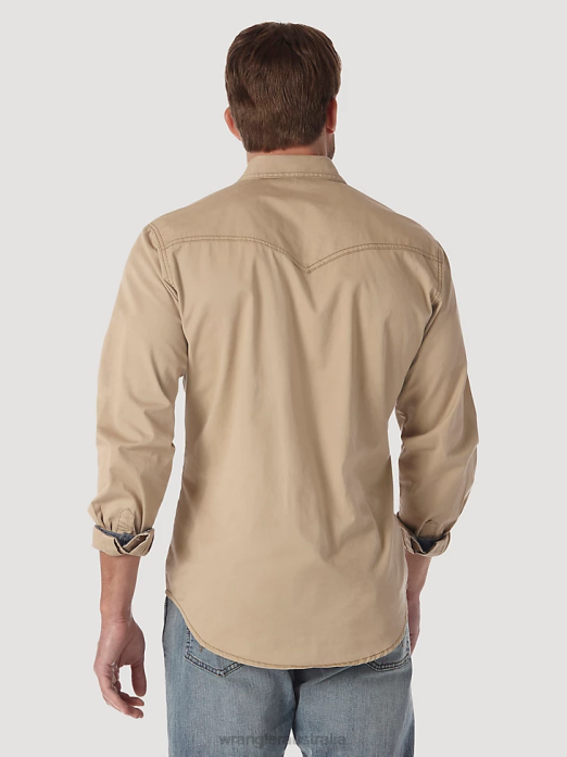 Contrast Trim Western Two Snap Flap Pocket Shirt Men Wrangler RHXV437 Clothing Tan (MVR502T)