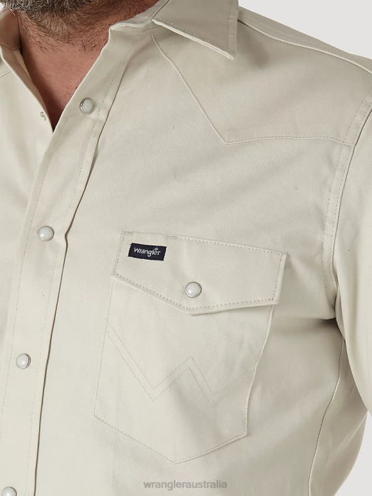 Cowboy Cut Firm Finish Long Sleeve Western Snap Solid Work Shirt Men Wrangler RHXV418 Clothing Stone (MS71319)