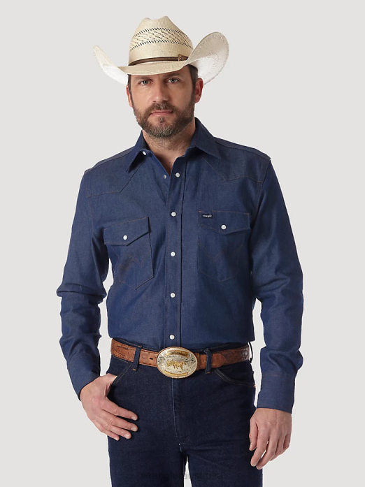 Cowboy Cut Firm Finish Long Sleeve Western Snap Solid Work Shirt Men Wrangler RHXV420 Clothing Blue (MS70119)