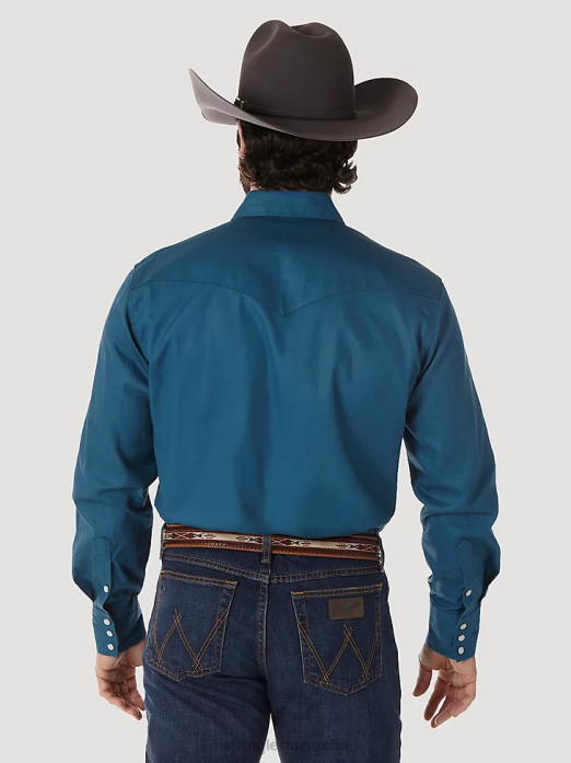 Cowboy Cut Firm Finish Long Sleeve Western Snap Solid Work Shirt Men Wrangler RHXV421 Clothing Dark Teal (MS71419)