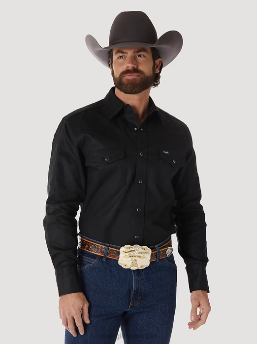 Cowboy Cut Firm Finish Long Sleeve Western Snap Solid Work Shirt Men Wrangler RHXV425 Clothing Black (MS70819)