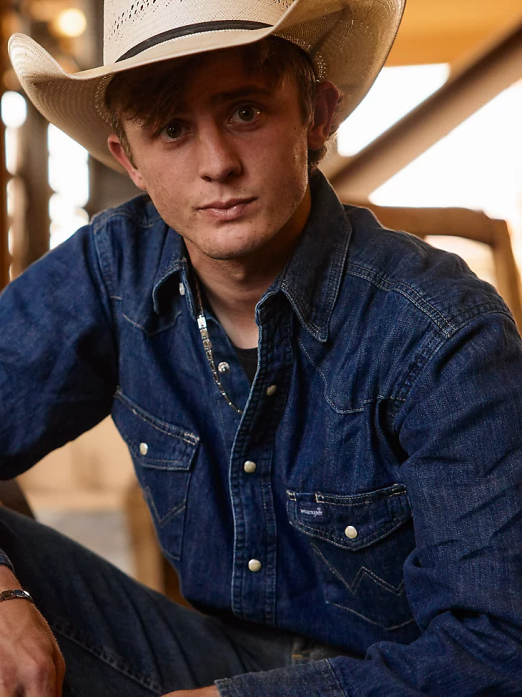 Cowboy Cut Long Sleeve Western Denim Snap Work Shirt Men Wrangler RHXV406 Clothing Dark Denim (MS1041D)