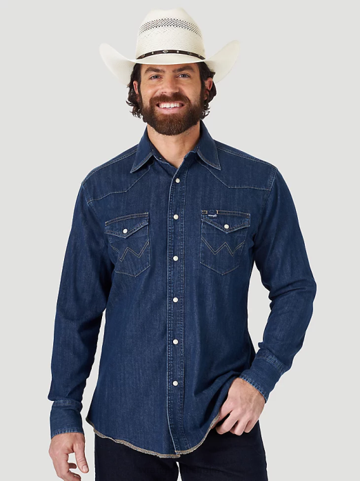 Cowboy Cut Long Sleeve Western Denim Snap Work Shirt Men Wrangler RHXV406 Clothing Dark Denim (MS1041D)