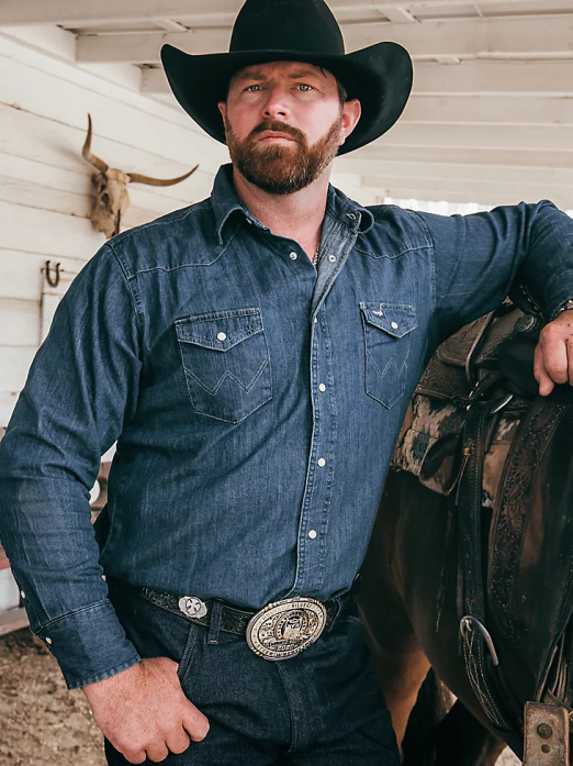 Cowboy Cut Long Sleeve Western Denim Snap Work Shirt Men Wrangler RHXV406 Clothing Dark Denim (MS1041D)