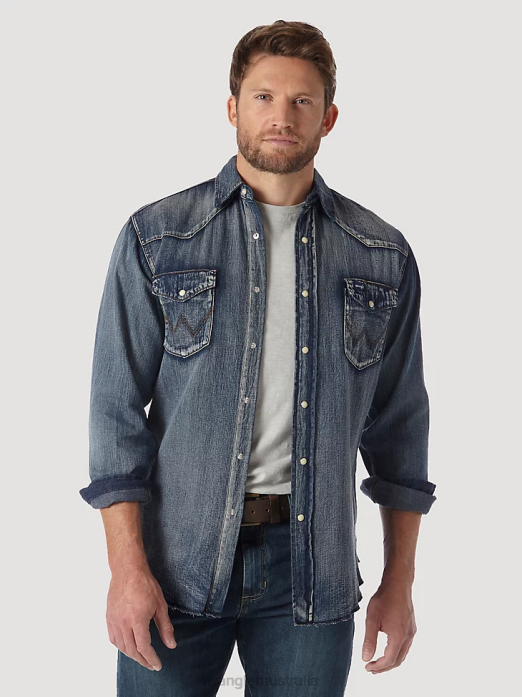Cowboy Cut Long Sleeve Western Denim Snap Work Shirt Men Wrangler RHXV408 Clothing Antique Blue (MS1039W)