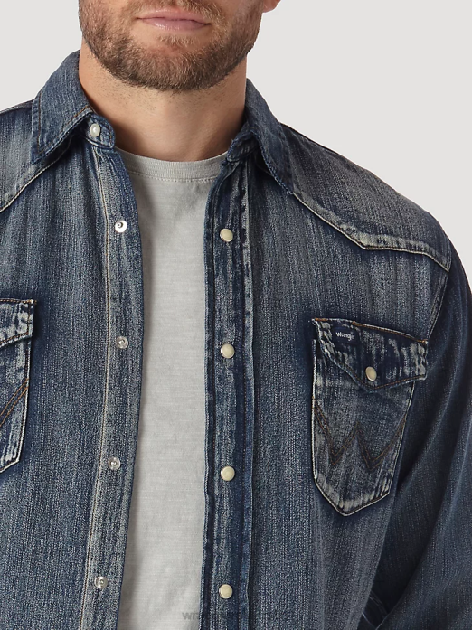 Cowboy Cut Long Sleeve Western Denim Snap Work Shirt Men Wrangler RHXV408 Clothing Antique Blue (MS1039W)