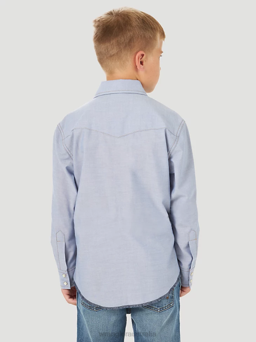 Cowboy Cut Western Snap Shirt Boys Wrangler RHXV970 Clothing Blue Chambray (BW7013B)