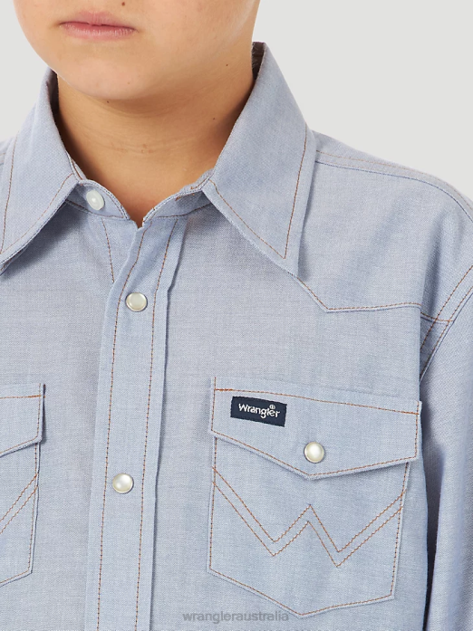 Cowboy Cut Western Snap Shirt Boys Wrangler RHXV970 Clothing Blue Chambray (BW7013B)