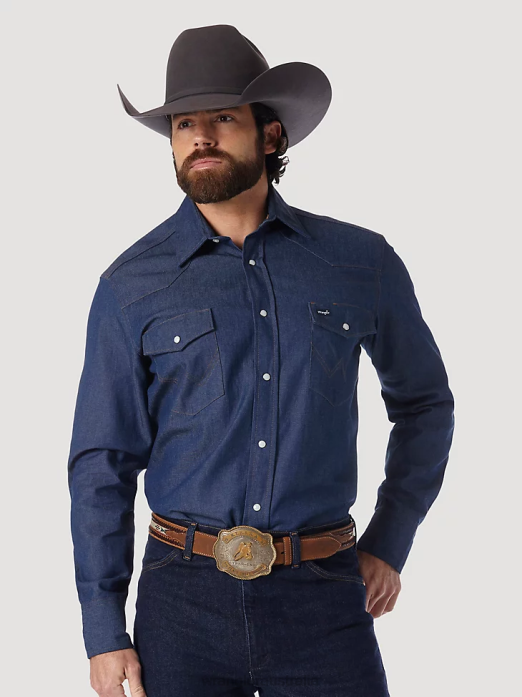 Cowboy Cut Work Western Rigid Denim Long Sleeve Shirt Men Wrangler RHXV439 Clothing Rigid Indigo (70127MW)