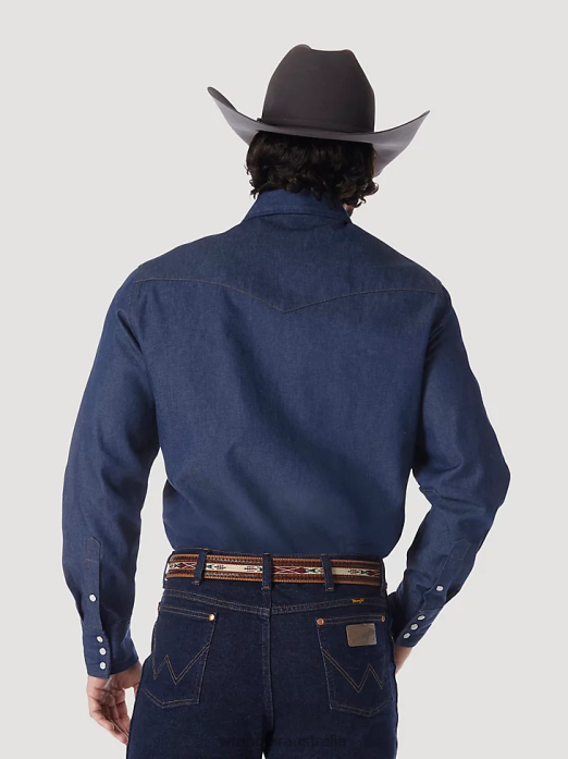 Cowboy Cut Work Western Rigid Denim Long Sleeve Shirt Men Wrangler RHXV439 Clothing Rigid Indigo (70127MW)