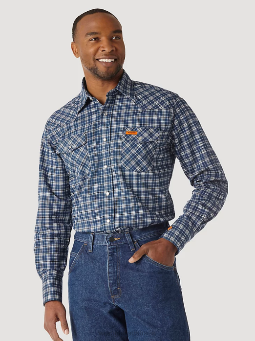 FR Flame Resistant Long Sleeve Western Snap Plaid Shirt Men Wrangler RHXV501 Clothing Blue/Black (FR122BW)