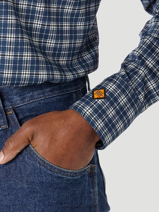 FR Flame Resistant Long Sleeve Western Snap Plaid Shirt Men Wrangler RHXV501 Clothing Blue/Black (FR122BW)