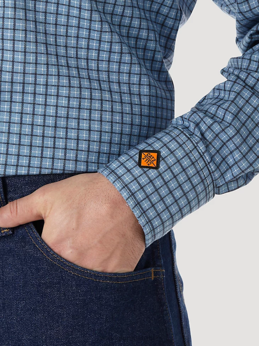 FR Flame Resistant Long Sleeve Western Snap Plaid Shirt Men Wrangler RHXV694 Clothing Navy/Black (FR123BL)