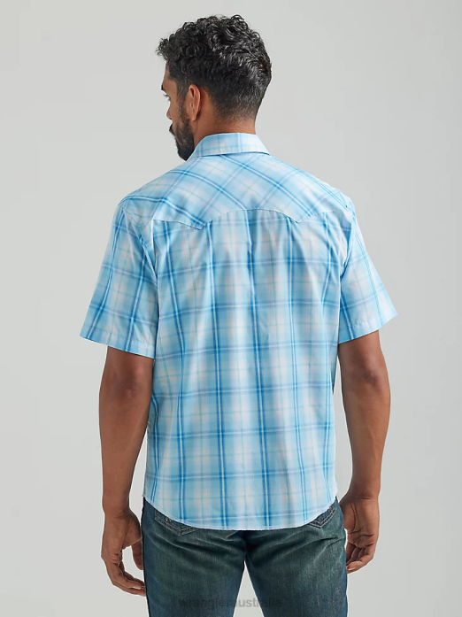Fashion Snap Short Sleeve Western Snap Plaid Shirt Men Wrangler RHXV457 Clothing Baby Blue (112324654)