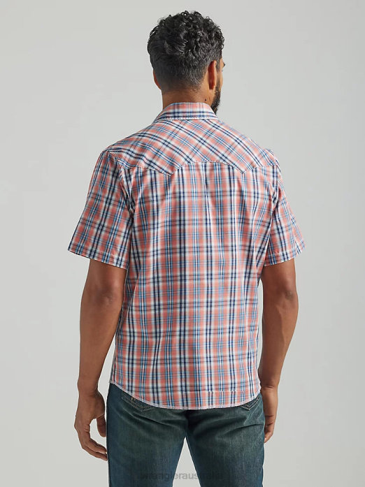 Fashion Snap Short Sleeve Western Snap Plaid Shirt Men Wrangler RHXV458 Clothing Orange (112324665)