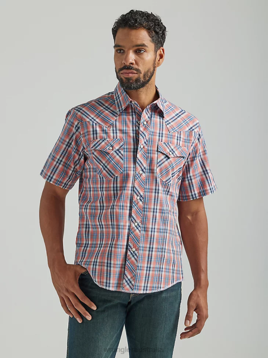 Fashion Snap Short Sleeve Western Snap Plaid Shirt Men Wrangler RHXV458 Clothing Orange (112324665)