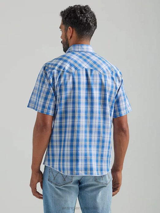 Fashion Snap Short Sleeve Western Snap Plaid Shirt Men Wrangler RHXV459 Clothing Med Blue (112324653)