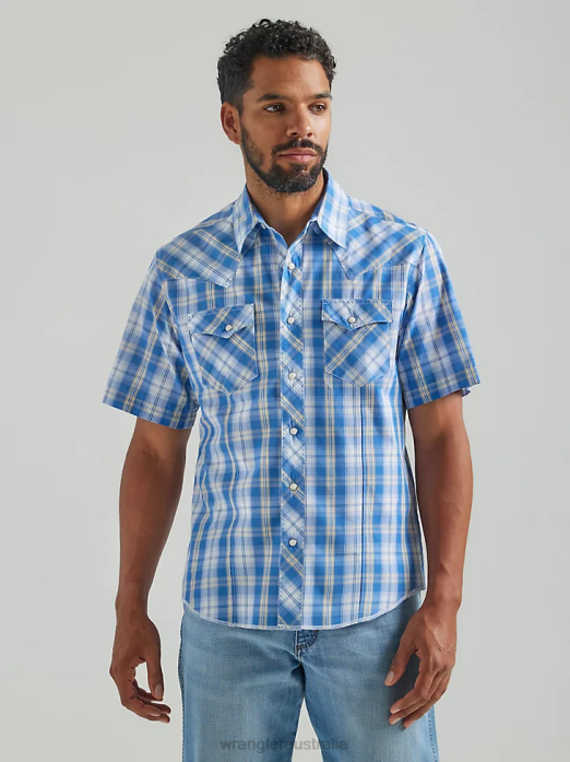 Fashion Snap Short Sleeve Western Snap Plaid Shirt Men Wrangler RHXV459 Clothing Med Blue (112324653)