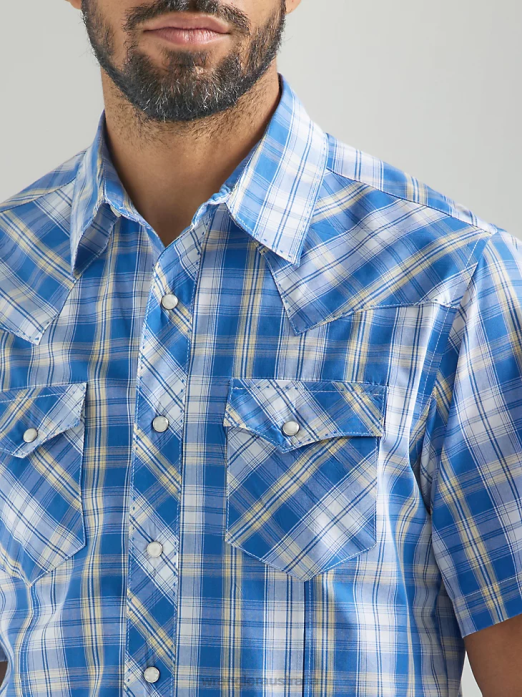 Fashion Snap Short Sleeve Western Snap Plaid Shirt Men Wrangler RHXV459 Clothing Med Blue (112324653)