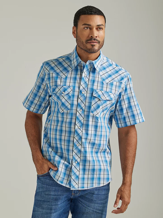 Fashion Snap Short Sleeve Western Snap Plaid Shirt Men Wrangler RHXV460 Clothing Blue Horizons (112326469)