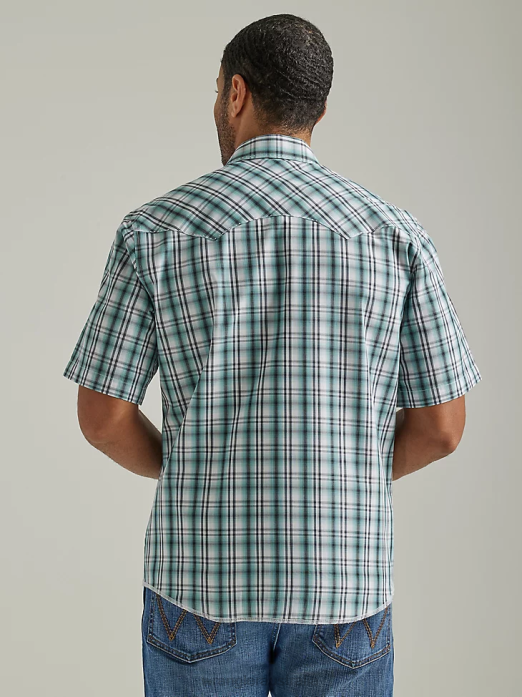 Fashion Snap Short Sleeve Western Snap Plaid Shirt Men Wrangler RHXV461 Clothing Sea Green (112326468)