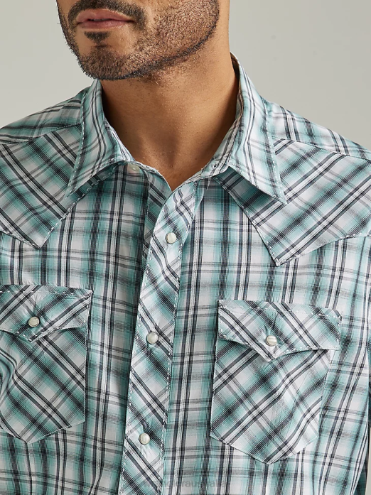 Fashion Snap Short Sleeve Western Snap Plaid Shirt Men Wrangler RHXV461 Clothing Sea Green (112326468)