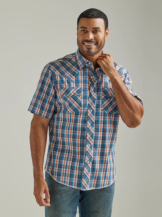 Fashion Snap Short Sleeve Western Snap Plaid Shirt Men Wrangler RHXV462 Clothing Sunset Blue (112326470)