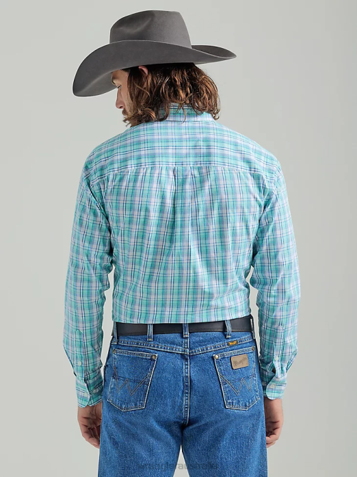 George Strait Long Sleeve Button Down One Pocket Plaid Shirt Men Wrangler RHXV315 Clothing Teal Floral (112324879)