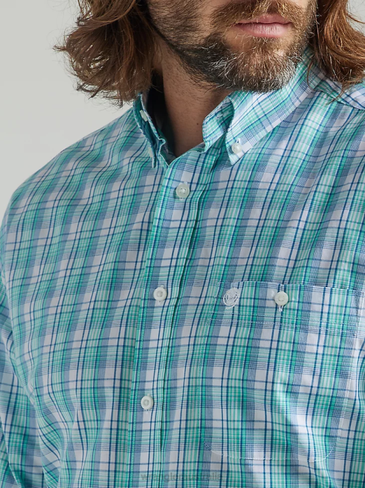 George Strait Long Sleeve Button Down One Pocket Plaid Shirt Men Wrangler RHXV315 Clothing Teal Floral (112324879)