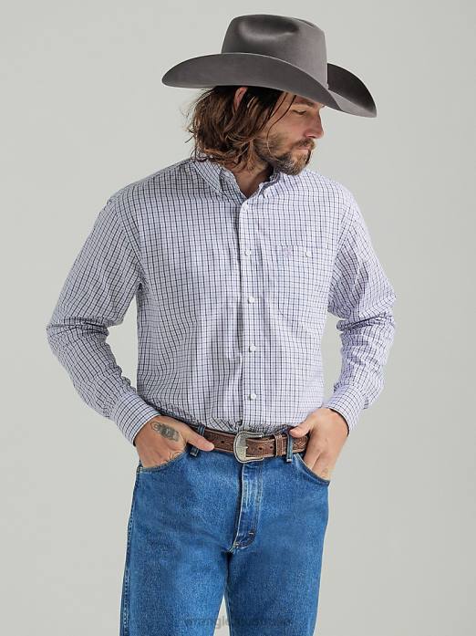 George Strait Long Sleeve Button Down One Pocket Plaid Shirt Men Wrangler RHXV316 Clothing Lilac (112324860)