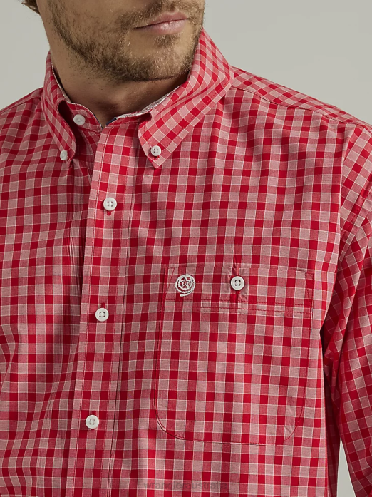 George Strait Long Sleeve Button Down One Pocket Plaid Shirt Men Wrangler RHXV318 Clothing Rosy Red Plaid (112327829)