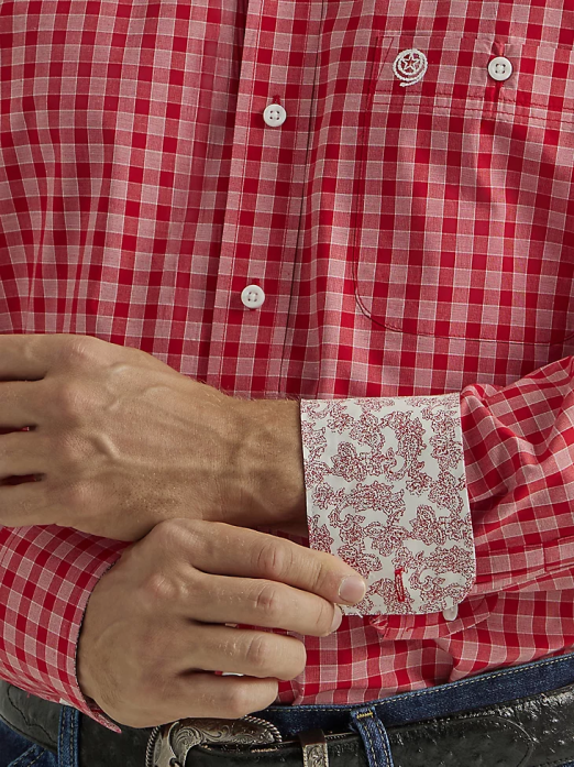 George Strait Long Sleeve Button Down One Pocket Plaid Shirt Men Wrangler RHXV318 Clothing Rosy Red Plaid (112327829)